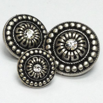 KMR-145 Antique Silver Button with Crystal Rhinestone, 3 Sizes